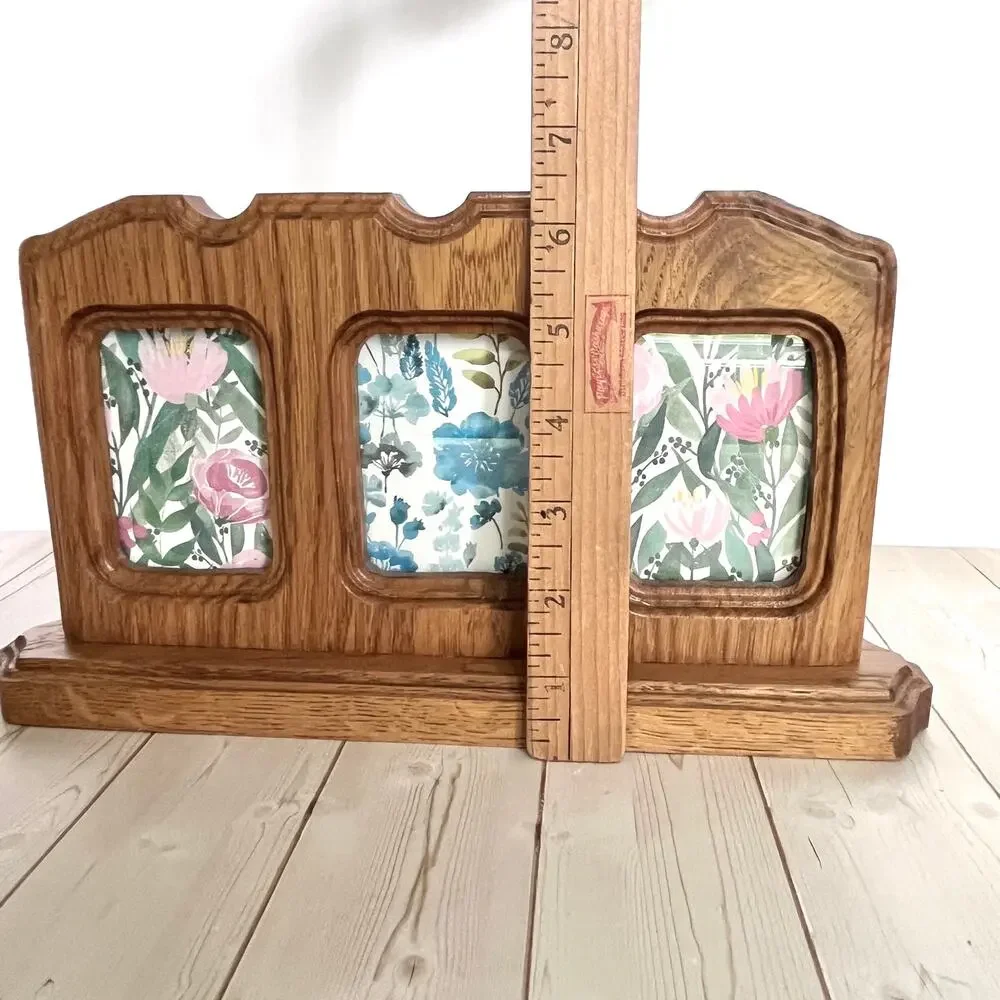 Vintage Triple-Opening Carved Oak Wood Desk Tabletop Photo Frame 2.25x3